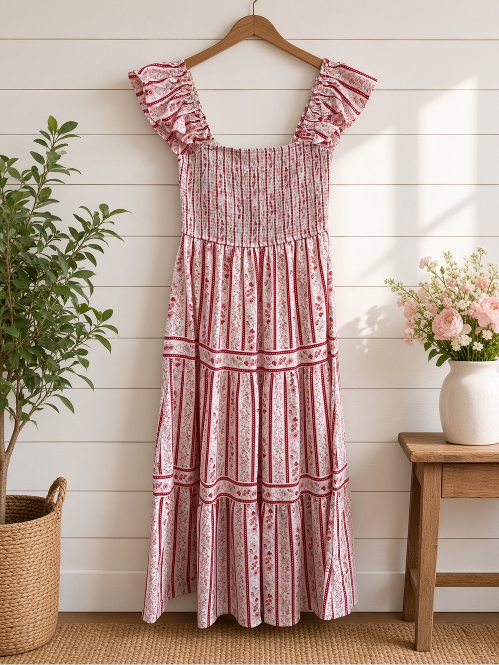 Stripe Floral Pattern Smocked Tiered Midi Dress Last One Size Small